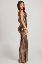 Chic Embellished Straight-Neck Maxi Dress in Copper Gold