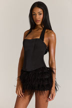 Chic Satin Corset Feathered Mini Dress in Black
