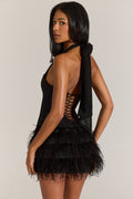 Chic Satin Corset Feathered Mini Dress in Black