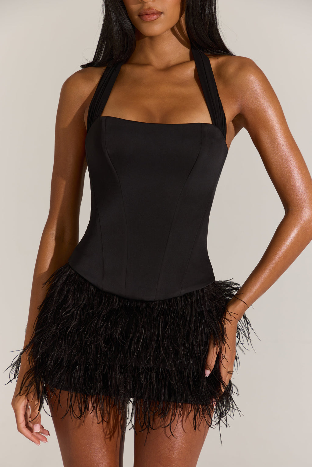 Chic Satin Corset Feathered Mini Dress in Black