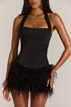 Chic Satin Corset Feathered Mini Dress in Black