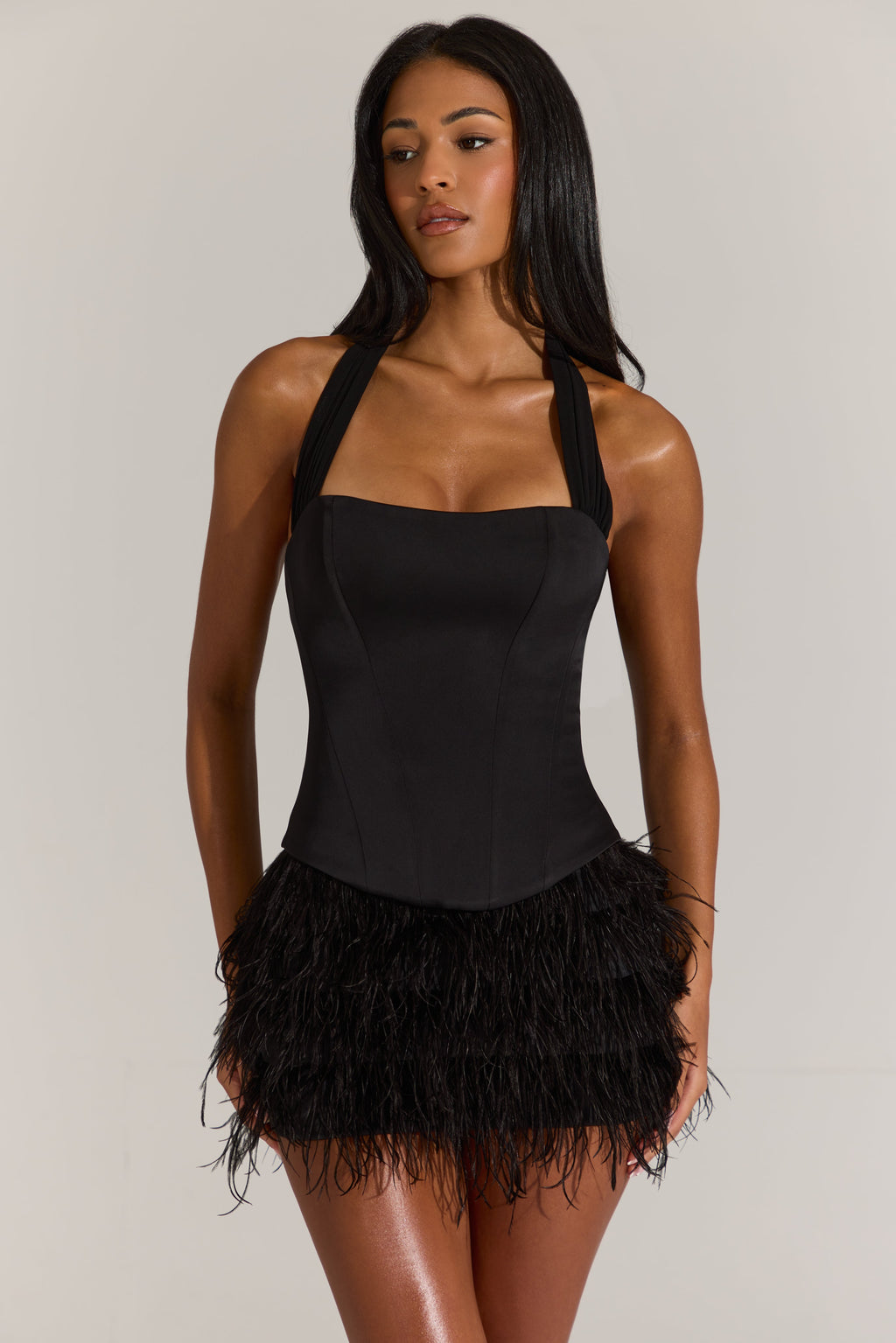 Chic Satin Corset Feathered Mini Dress in Black