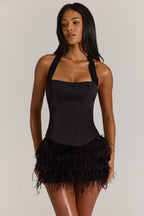 Chic Satin Corset Feathered Mini Dress in Black