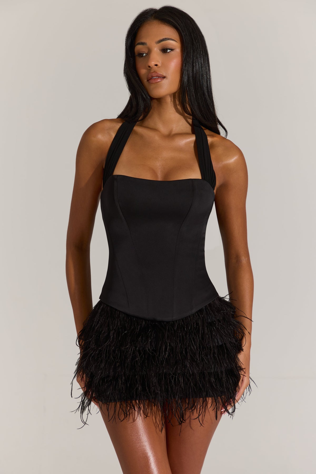 Chic Satin Corset Feathered Mini Dress in Black