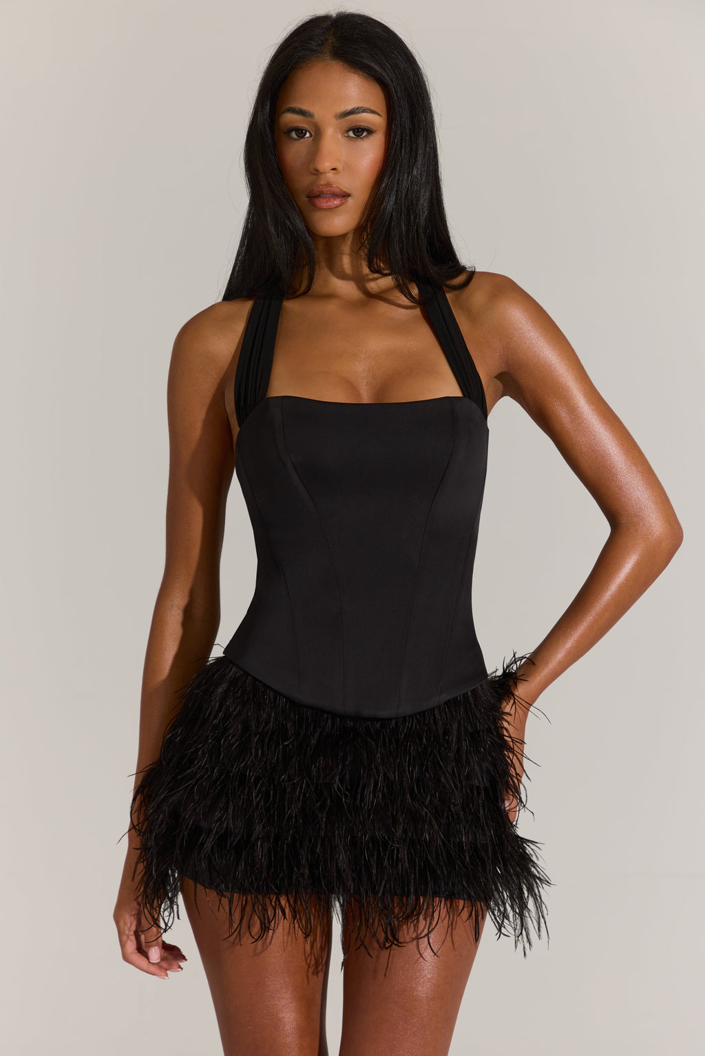 Chic Satin Corset Feathered Mini Dress in Black