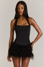 Chic Satin Corset Feathered Mini Dress in Black