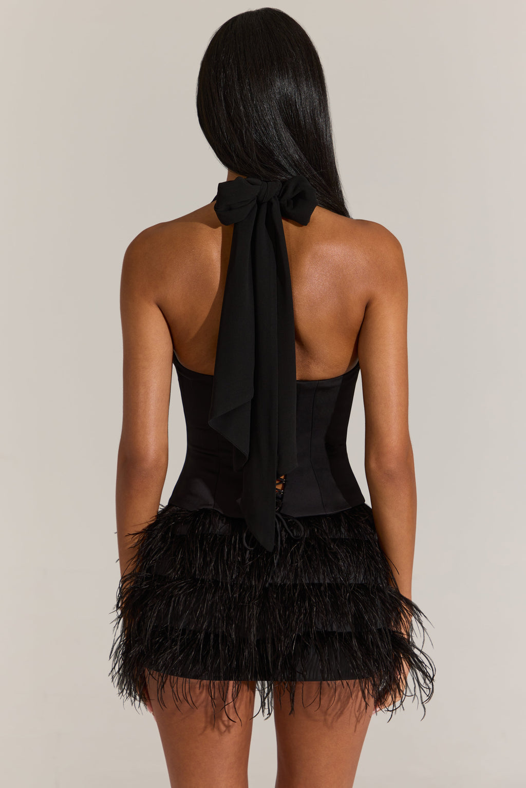 Chic Satin Corset Feathered Mini Dress in Black