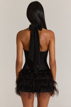 Chic Satin Corset Feathered Mini Dress in Black