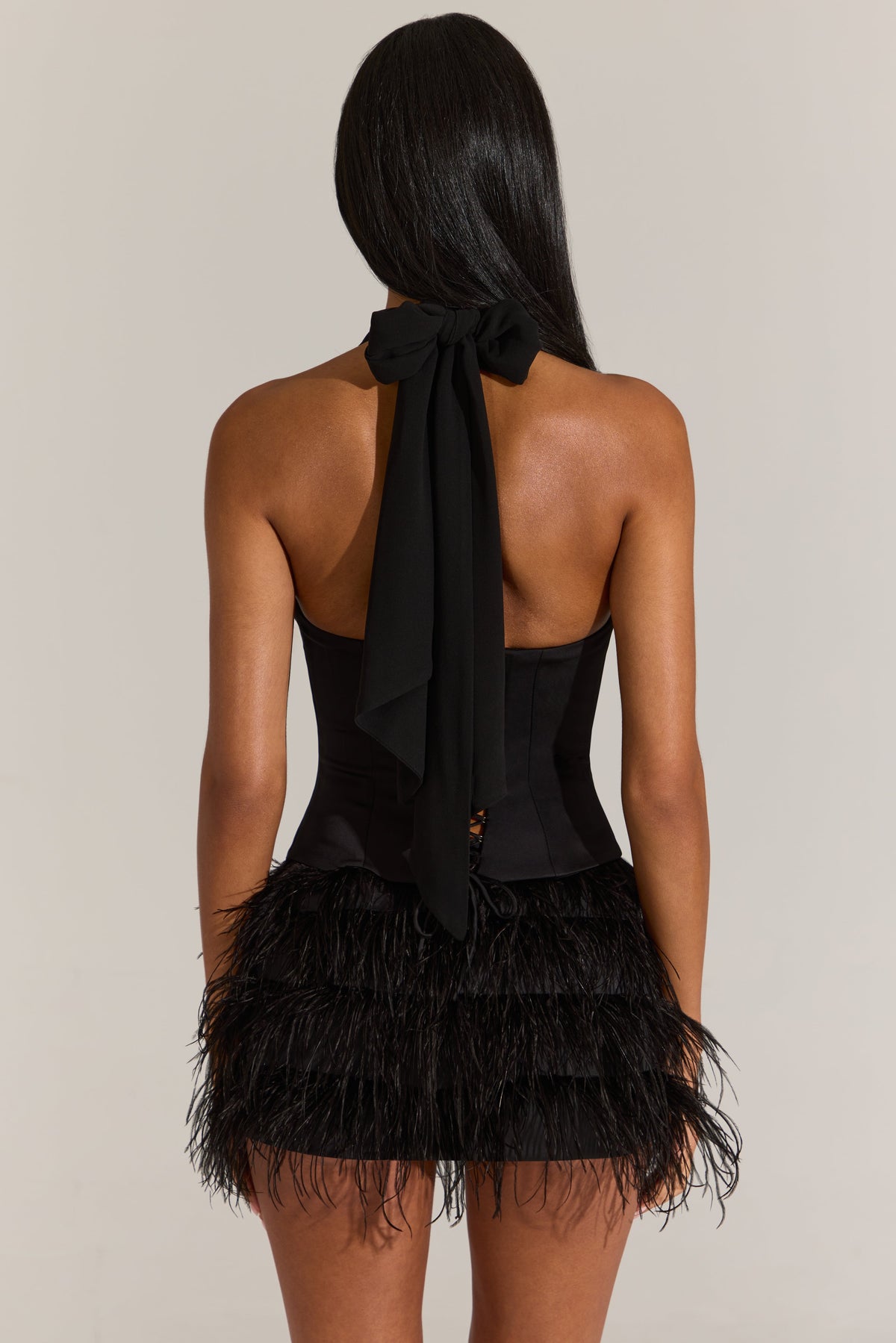 Chic Satin Corset Feathered Mini Dress in Black