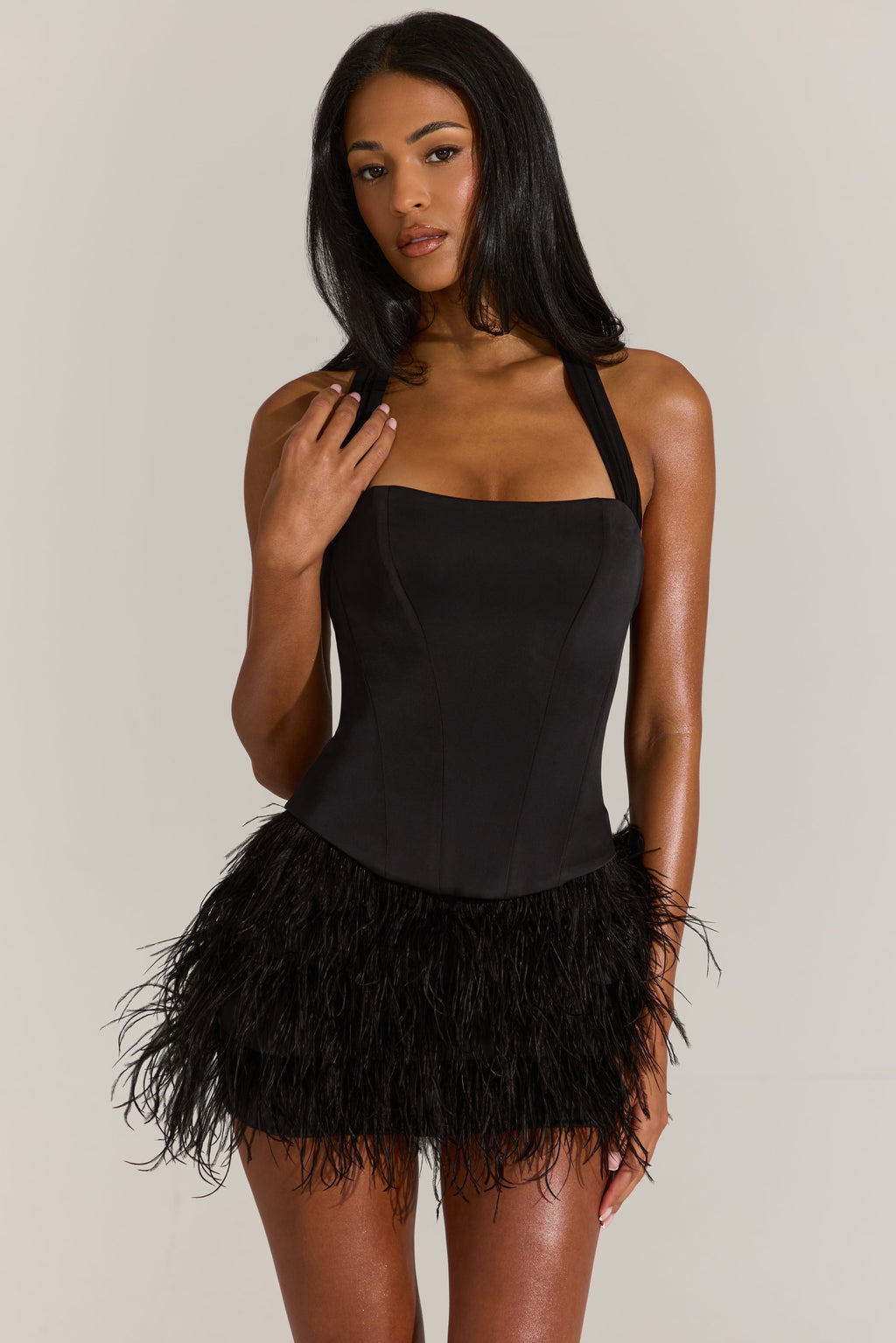 Chic Satin Corset Feathered Mini Dress in Black