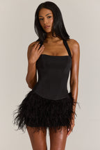 Chic Satin Corset Feathered Mini Dress in Black