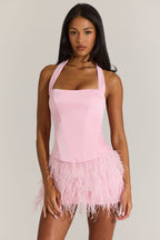Chic Satin Corset Feathered Mini Dress in Blossom Pink