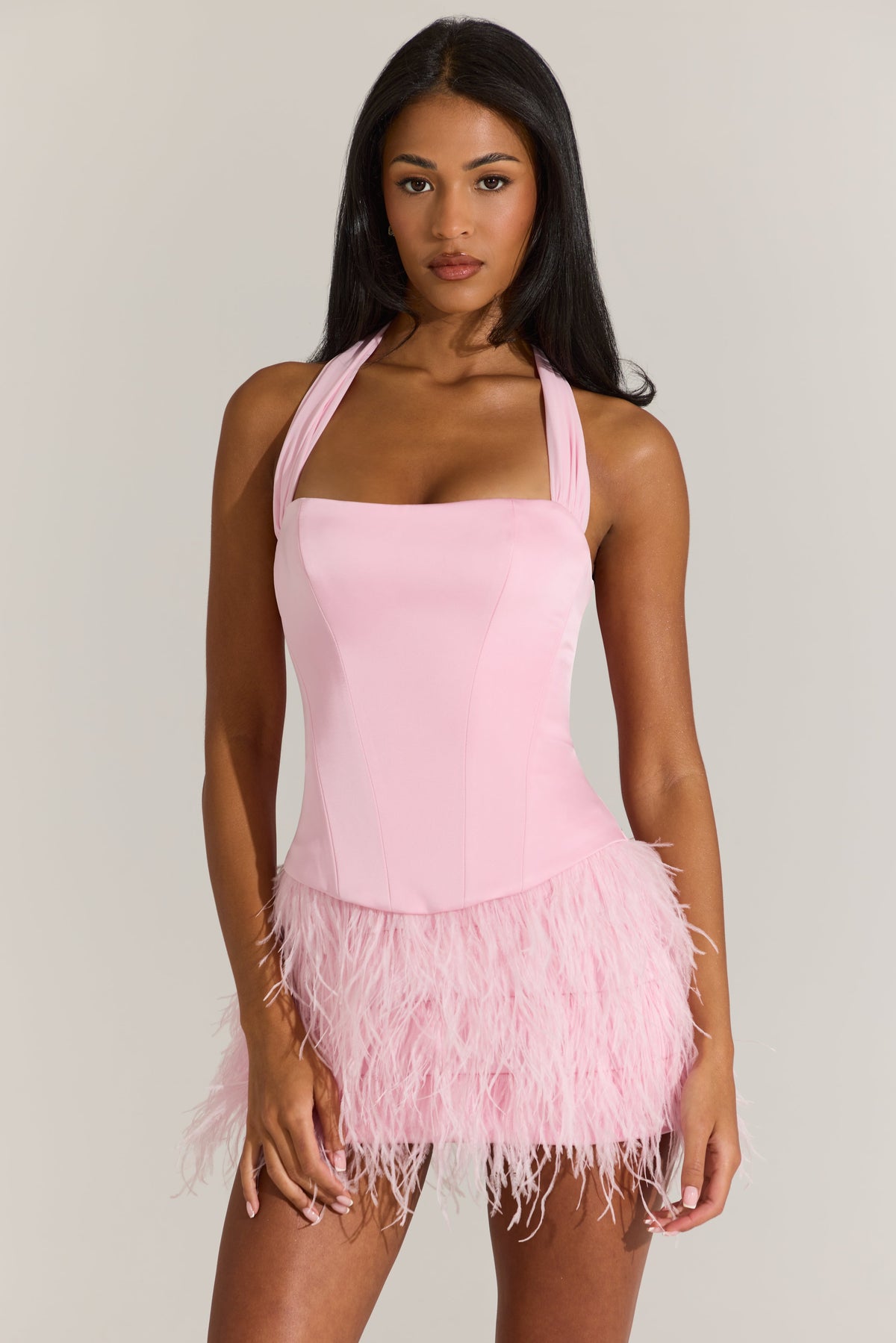 Chic Satin Corset Feathered Mini Dress in Blossom Pink