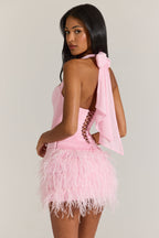 Chic Satin Corset Feathered Mini Dress in Blossom Pink