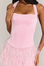 Chic Satin Corset Feathered Mini Dress in Blossom Pink