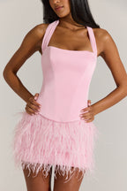 Chic Satin Corset Feathered Mini Dress in Blossom Pink
