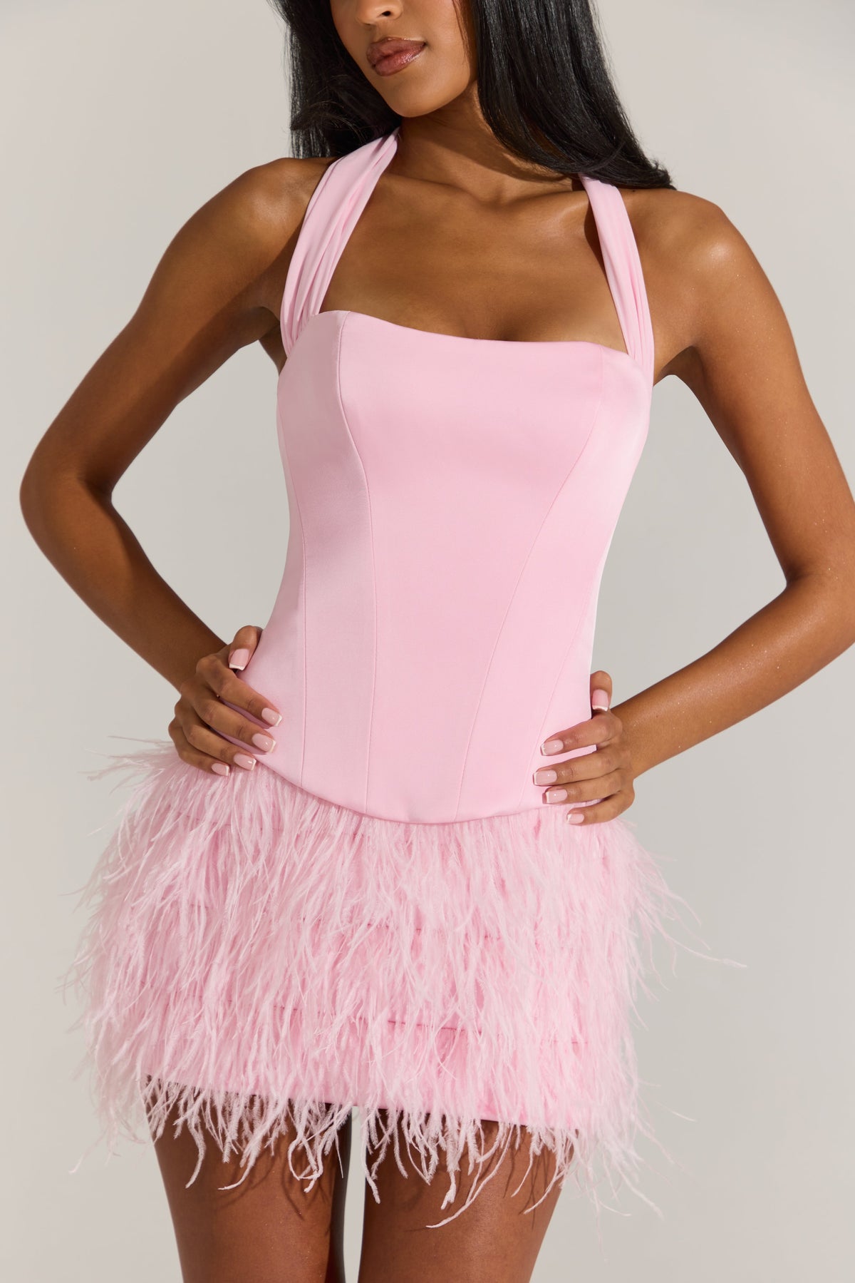 Chic Satin Corset Feathered Mini Dress in Blossom Pink