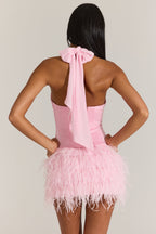 Chic Satin Corset Feathered Mini Dress in Blossom Pink