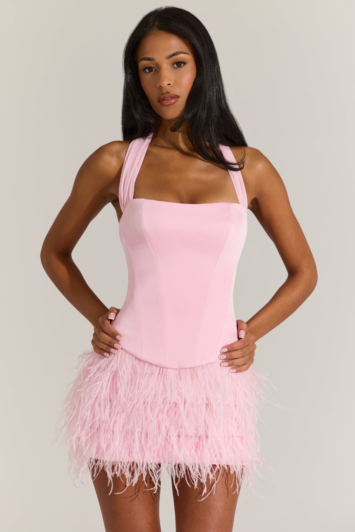 Chic Satin Corset Feathered Mini Dress in Blossom Pink