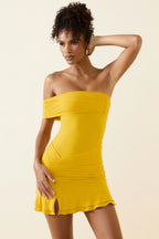Chic Asymmetric Ruched One-Shoulder Mini Dress in Golden Yellow