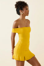 Chic Asymmetric Ruched One-Shoulder Mini Dress in Golden Yellow