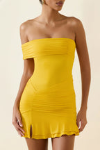 Chic Asymmetric Ruched One-Shoulder Mini Dress in Golden Yellow