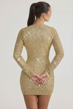 Chic Embellished Cowl-Neck Mini Dress in Gold