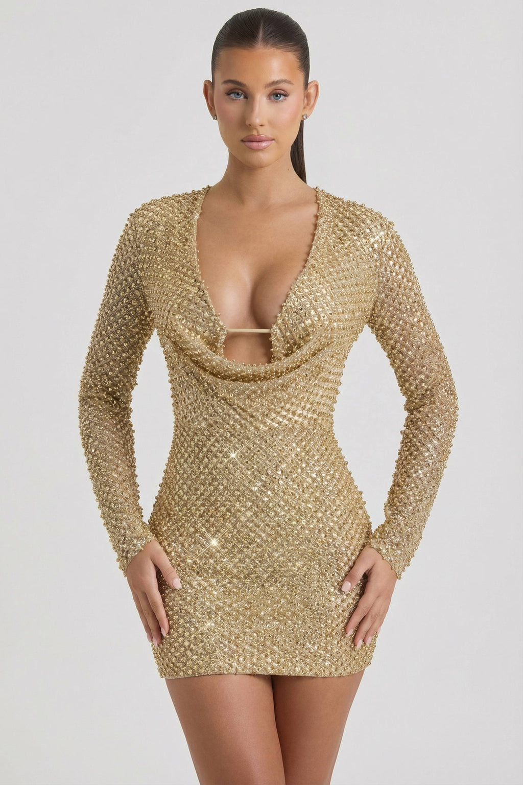 Chic Embellished Cowl-Neck Mini Dress in Gold