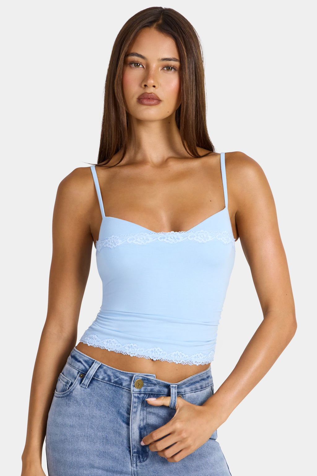 Chic Modal Lace-Trim Peekaboo Tank Top in Arctic Blue