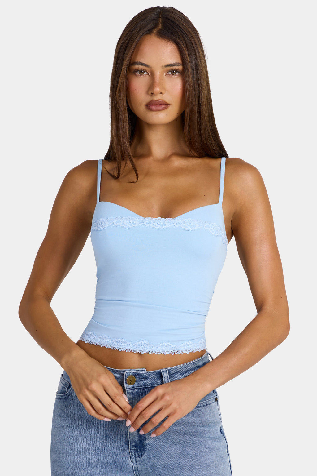 Chic Modal Lace-Trim Peekaboo Tank Top in Arctic Blue
