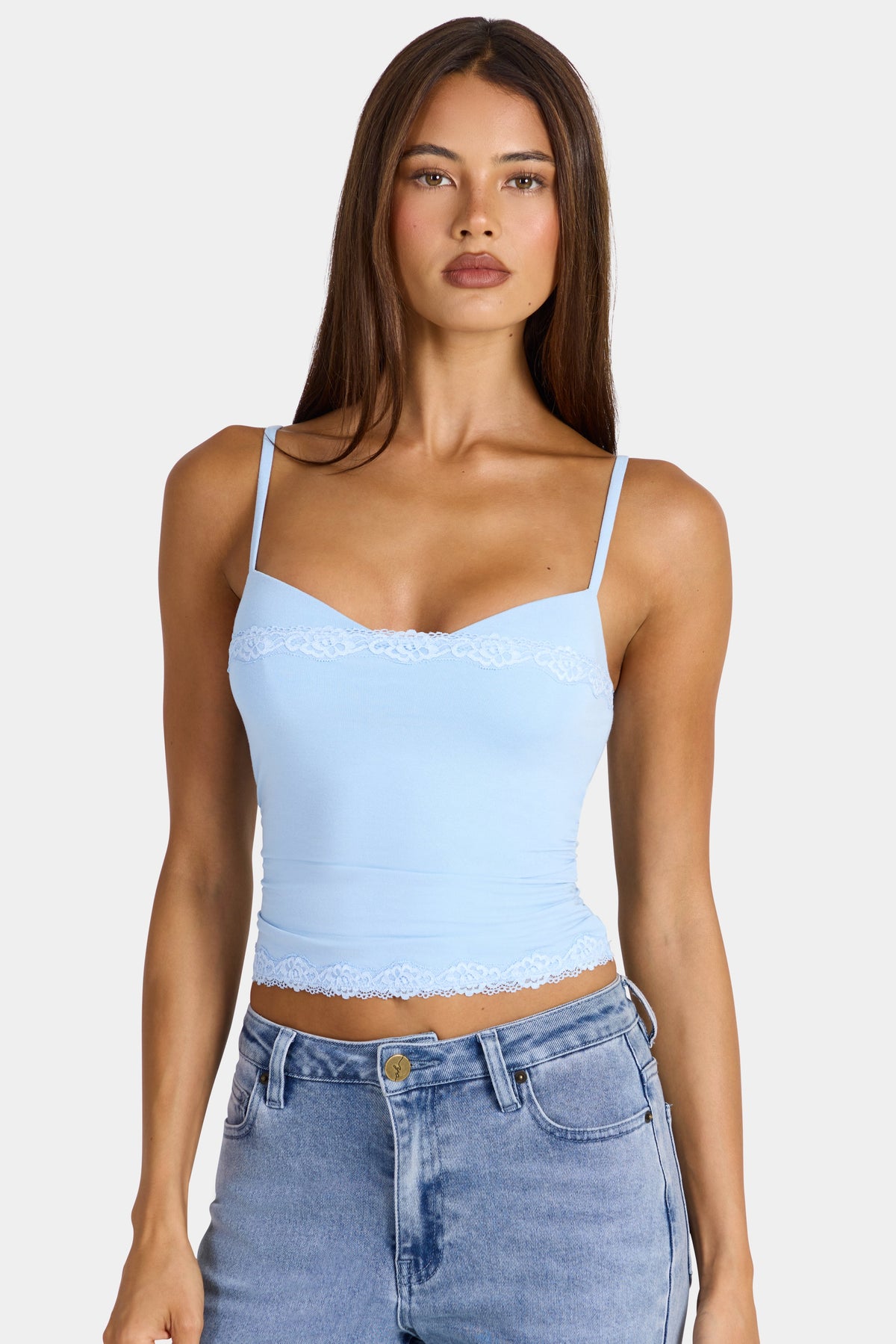 Chic Modal Lace-Trim Peekaboo Tank Top in Arctic Blue