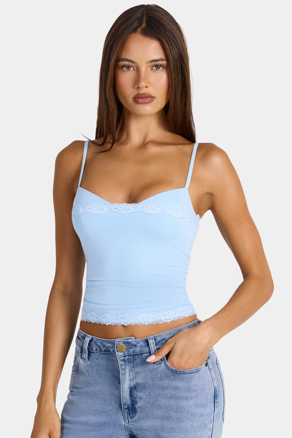 Chic Modal Lace-Trim Peekaboo Tank Top in Arctic Blue