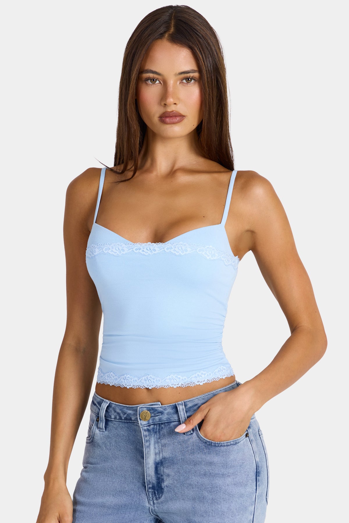 Chic Modal Lace-Trim Peekaboo Tank Top in Arctic Blue