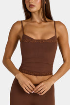 Chic Modal Lace-Trim Peekaboo Tank Top in Cocoa Brown