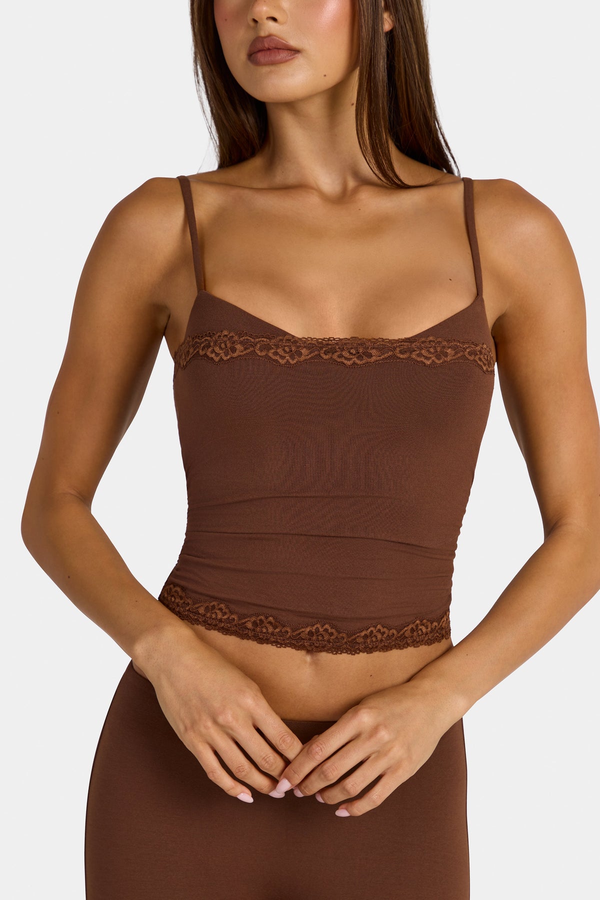 Chic Modal Lace-Trim Peekaboo Tank Top in Cocoa Brown