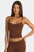 Chic Modal Lace-Trim Peekaboo Tank Top in Cocoa Brown