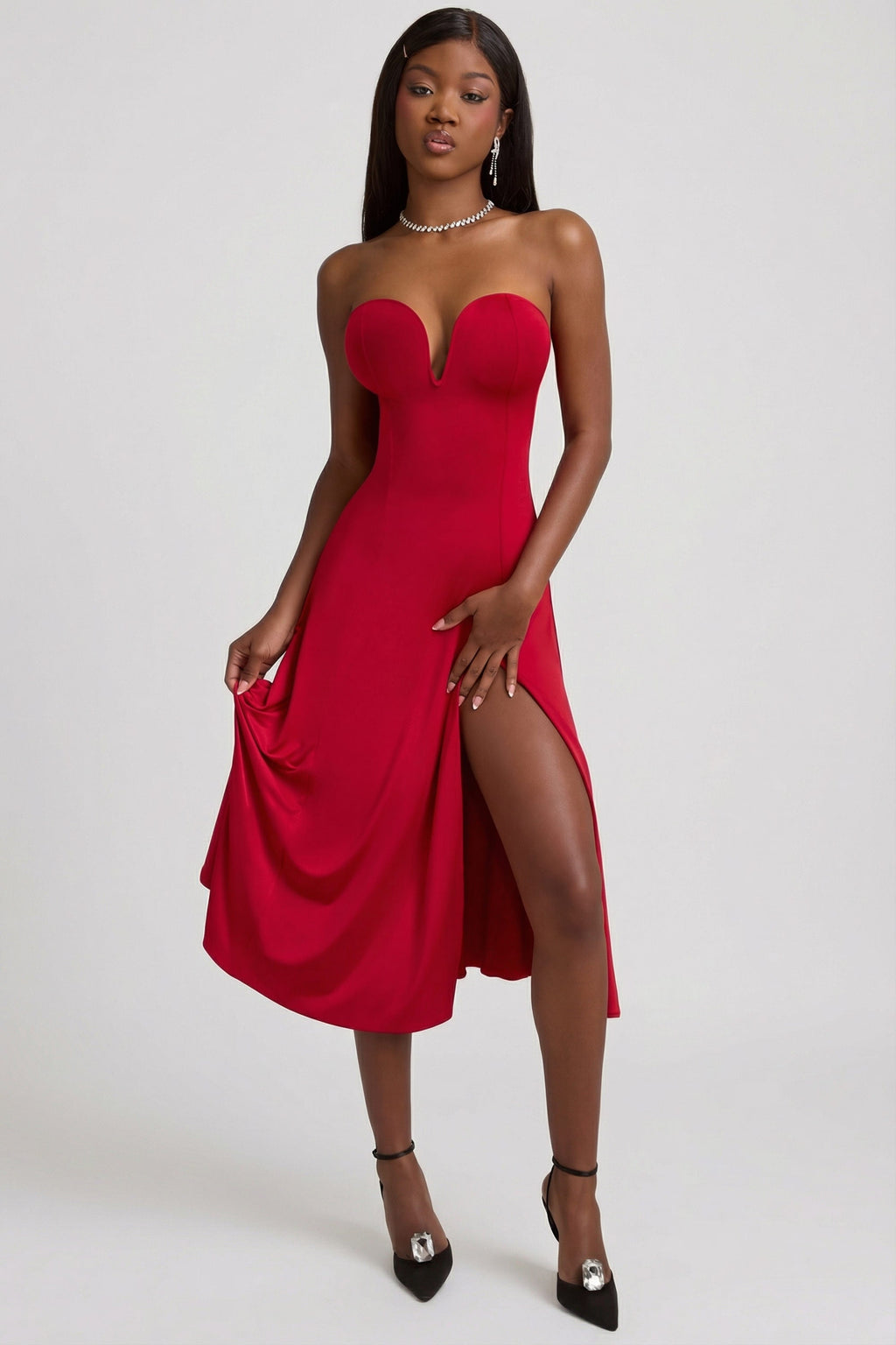 Chic Slinky Jersey Strapless A-Line Midaxi Dress in True Red