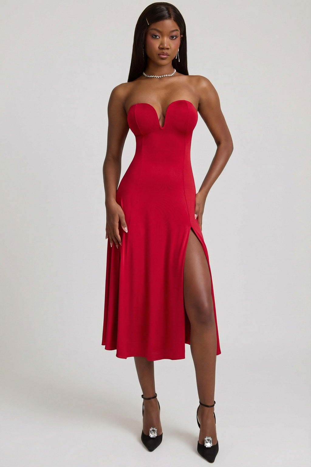 Chic Slinky Jersey Strapless A-Line Midaxi Dress in True Red