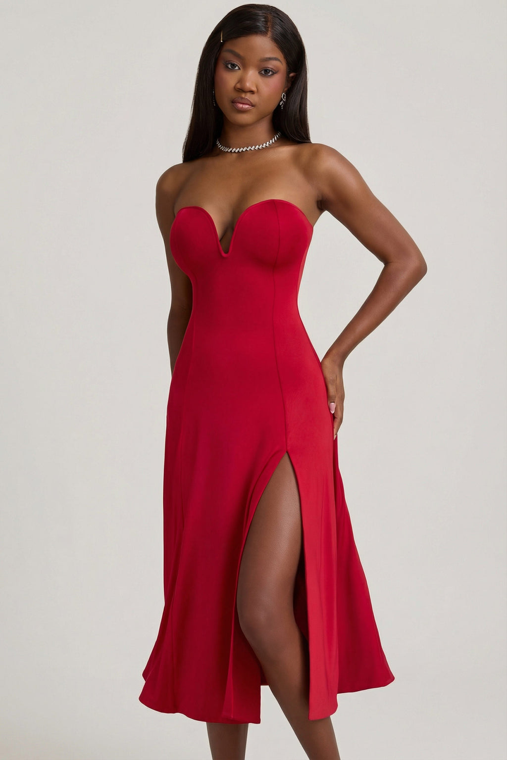 Chic Slinky Jersey Strapless A-Line Midaxi Dress in True Red