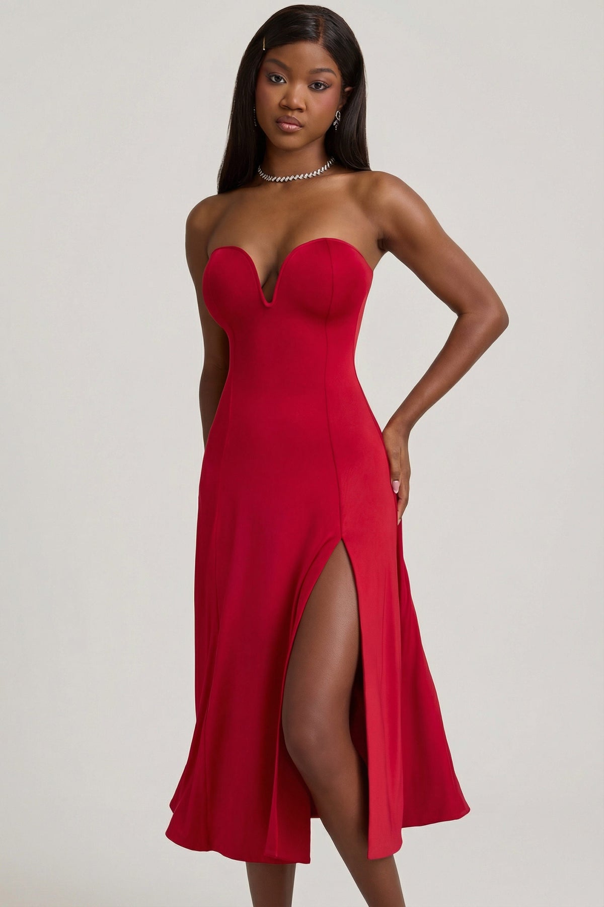Chic Slinky Jersey Strapless A-Line Midaxi Dress in True Red