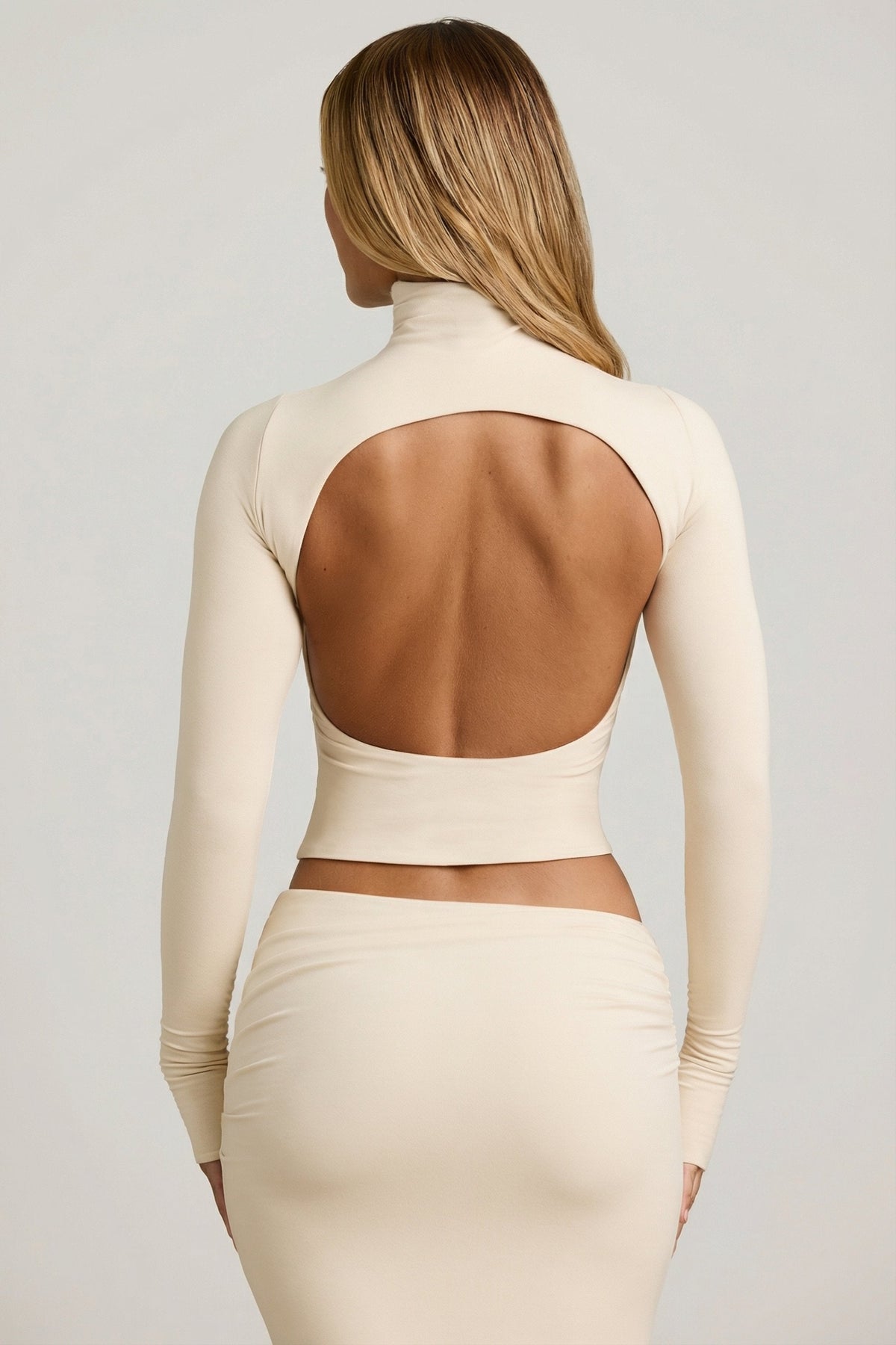 Chic Modal Ruched Backless Turtleneck Top in Ivory