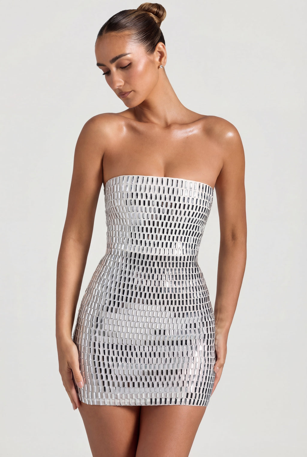 Chic Embellished Bandeau Mini Dress in Diamond
