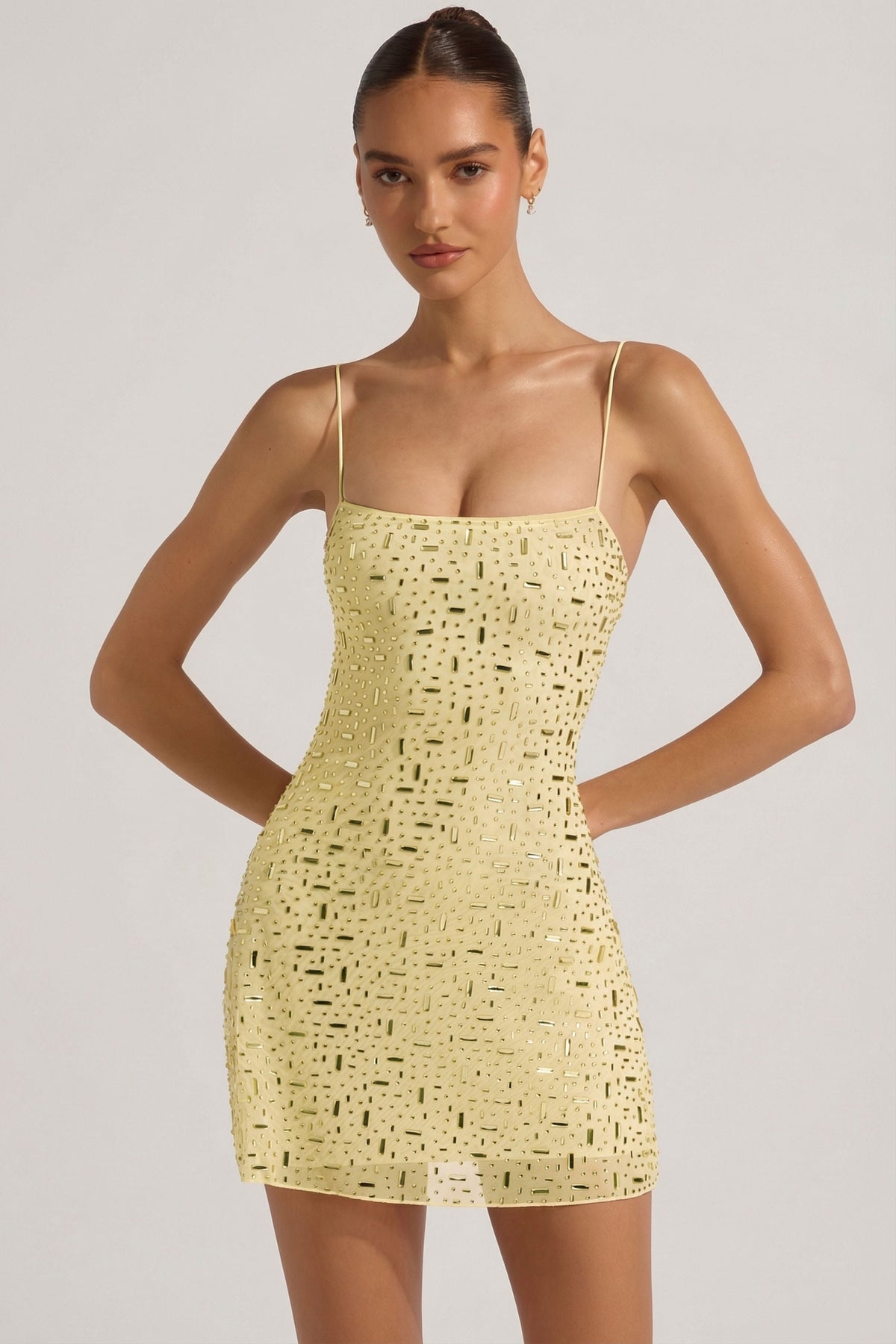 Chic Sheer Embellished Square-Neck Mini Dress in Yellow