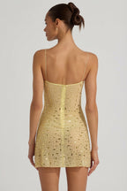 Chic Sheer Embellished Square-Neck Mini Dress in Yellow