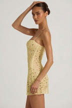 Chic Sheer Embellished Square-Neck Mini Dress in Yellow