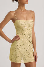 Chic Sheer Embellished Square-Neck Mini Dress in Yellow