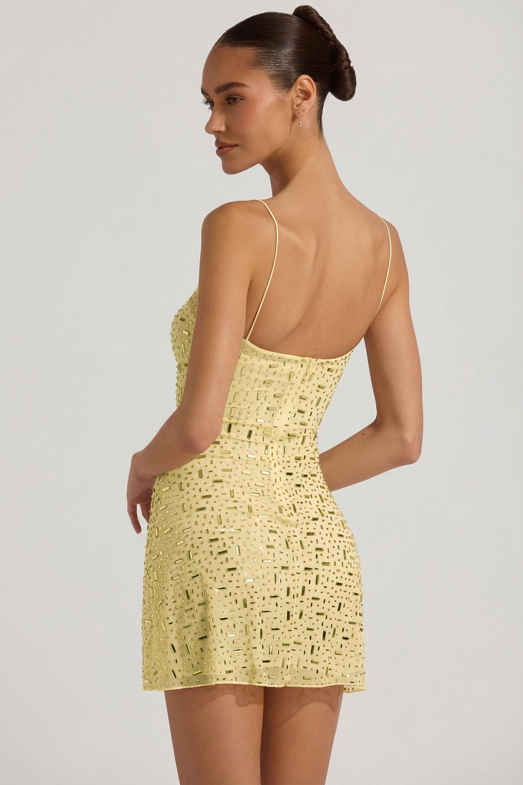 Chic Sheer Embellished Square-Neck Mini Dress in Yellow