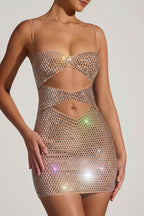 Chic Embellished Cut-Out Mini Dress in Honey