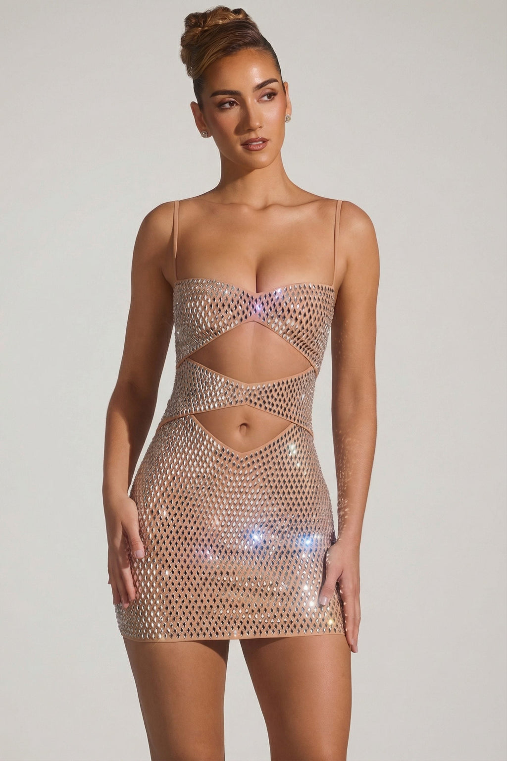 Chic Embellished Cut-Out Mini Dress in Honey