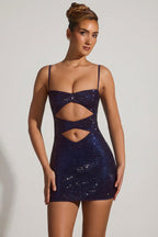 Chic Embellished Cut-Out Mini Dress in Navy